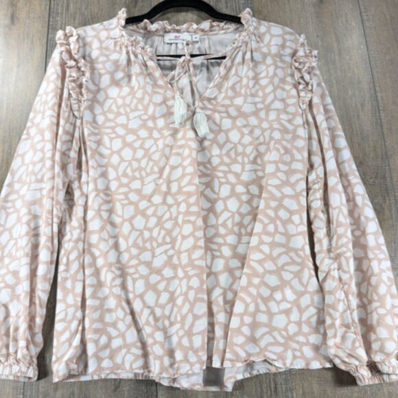 Vineyard Vines Top Womens Medium Beige Print Peasant Long Sleeve Ruffle Trim BOH - Picture 1 of 10